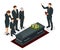 Isometric Funeral ceremony at the cemetery. Sad and crying people in black clothes are standing with flowers near the