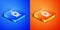 Isometric Funeral urn icon isolated on blue and orange background. Cremation and burial containers, columbarium vases