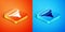 Isometric Funnel or filter icon isolated on orange and blue background. Vector