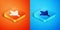 Isometric Funnel or filter and motor oil drop icon isolated on orange and blue background. Vector