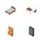 Isometric Furniture Set Of Sideboard, Chair, Bedstead And Other Vector Objects. Also Includes Bedstead, Cupboard, Closet