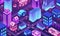 Isometric futuristic city. 3D town at night. Buildings with neon lighting windows. Top view of illuminated houses and