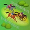 Isometric galloping race horses in racing competition competing with each other. Vector illustration. Equestrian sport