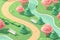 Isometric game map of a peaceful park in a pastel colors. winding path and a bench overlooking a pond. By generative Ai