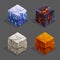 Isometric game nature brick cubes set. Vector lava cube, stone and ice cube design elements.