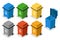 Isometric garbage cans trash separation recycling isolated 3d flat design icons set vector illustration