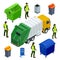 Isometric Garbage Truck or Recycle Truck in City. Garbage Recycling and Utilization Equipment. City waste recycling
