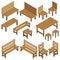 Isometric garden furniture for park, city, summer residence. Wooden table, chair, bench, stool.