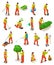 Isometric gardeners. Farmers work in garden. People in farming rural scene with trees and plants. 3d vector characters