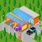 Isometric Gas Station with Cars, Serviceman and Driver