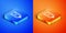 Isometric Gauge scale icon isolated on blue and orange background. Satisfaction, temperature, manometer, risk, rating