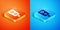 Isometric Gauge scale icon isolated on orange and blue background. Satisfaction, temperature, manometer, risk, rating