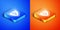 Isometric Gender shield, Female icon isolated on blue and orange background. Square button. Vector