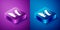 Isometric Giant magnet holding iron dust icon isolated on blue and purple background. Square button. Vector