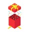 Isometric gift box with flying confetti. Open flat present for happy sale, shopping. Red giftbox with ribbon for decor on birthday