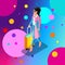 Isometric girl in a bright stylish raincoat with a suitcase in a hurry to the airport, vacation, travel, tourist, on a colorful