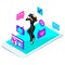 Isometric girl graduate, jumping is happy, academic clothes, diploma, mantle, blog, video, smileys, likes, smartphone