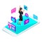 Isometric girl graduate, jumping is happy, academic clothes, diploma, mantle, shoots video blog, smileys, likes, smartphone