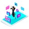 Isometric girl graduate, jumping is happy, academic clothes, diploma, mantle, shoots video blog, smileys, likes, smartphone, a lap