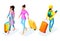 Isometric girl in a pink coat with a suitcase, girl in bright clothes and a creative hairdress with a suitcase, airport