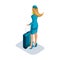 Isometric girl stewardess with things and suitcase stands at the airport, waiting for her flight. Rear view, uniform shoes