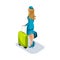 Isometric girl stewardess with things and suitcases is at the airport, waiting. Rear view, uniform shoes