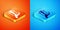 Isometric Give gift icon isolated on orange and blue background. Gift in hand. The concept of giving and receiving a