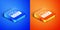 Isometric Glacier melting icon isolated on blue and orange background. Square button. Vector