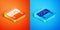 Isometric Goal soccer football icon isolated on orange and blue background. Vector