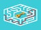 Isometric gold key in centre of maze and way to it on turquoise blue. Challenge, solution, motivation, problem and game concept.