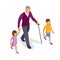 Isometric grandfather goes with grandchildren down the street. Happy family and childhood concept.