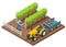 Isometric grape harvest, farmers harvesting grapes. Vineyard In Fall Harvest With Ripe Grapes. Tractor in the vineyard