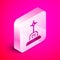 Isometric Grave with cross icon isolated on pink background. Silver square button. Vector