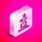 Isometric Grave with tombstone icon isolated on pink background. Silver square button. Vector