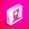 Isometric Grave with tombstone icon isolated on pink background. Silver square button. Vector