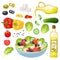 Isometric greek salad vector illustration, 3d cartoon healthy food menu ingredients, cooking vegetarian lunch set