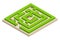 Isometric Green plant maze. City, park and outdoor plants. Rectangular park is a labyrinth made of bushes with benches