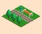 Isometric green summer city park concept, trees, bushes, benches, beds, flower beds, garbage. Landscaping composition.