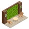 Isometric Green Wall in Office. Comfortable Sofas and Green Plants. Rest Area at the Front Desk of the Modern Office.