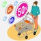 Isometric Grocery Shopping - Sale - Walking Woman with Empty Shopping Cart and Discounts