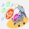 Isometric Grocery Shopping - Sale - Woman Collecting Discounts w
