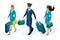 Isometric group of employees of international airlines, flight attendants, pilot, captain of an aircraft. Plane for travel