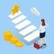 Isometric Growth Opportunity and Success Stair. Business woman standing on ladder up go to success in career
