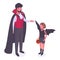 Isometric Halloween party characters. Dad and daughter wearing vampire and bat carnival costumes. Trick or treat masquerade party