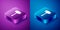 Isometric Hammer icon isolated on blue and purple background. Tool for repair. Square button. Vector