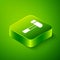 Isometric Hammer icon isolated on green background. Tool for repair. Green square button. Vector