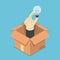 Isometric hand holding light bulb of idea sticking out from the