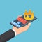 Isometric hand holding smartphone with content is king text and crown