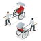 Isometric Hand Pulled Rickshaw, Rickshaw China or Indian vector. Front and rear view.