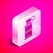 Isometric Hand smoke grenade icon isolated on pink background. Bomb explosion. Silver square button. Vector